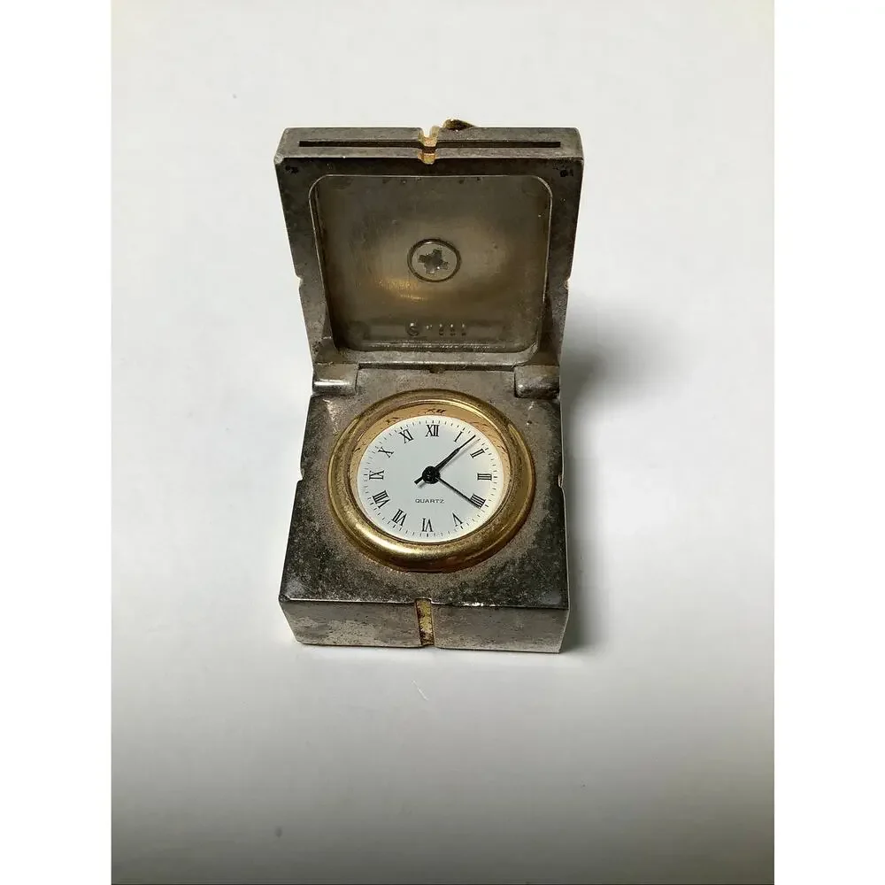 Vintage 1996 Gold Bow Silver Tone Miniature Present Box Desk Clock Gift E3-14